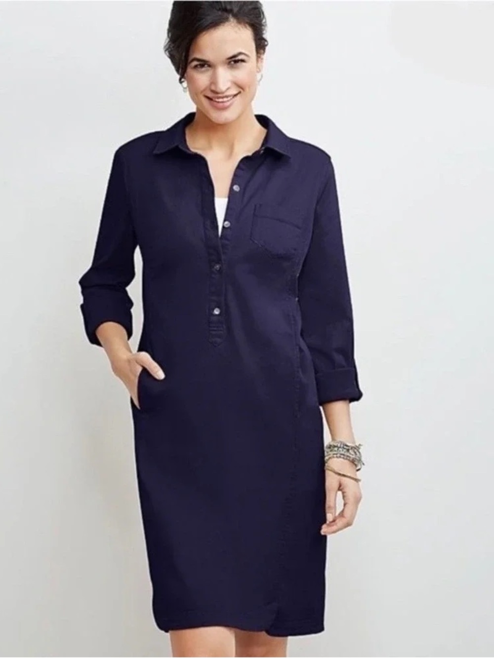 J. Jill Navy Live-In-Chino Long-Sleeve Quarter-Button Dress, 16, EUC